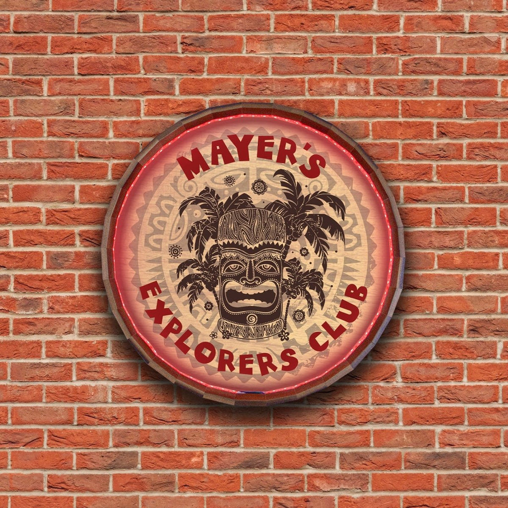 Custom LED Wood Barrel Top Sign - Tiki Bar
