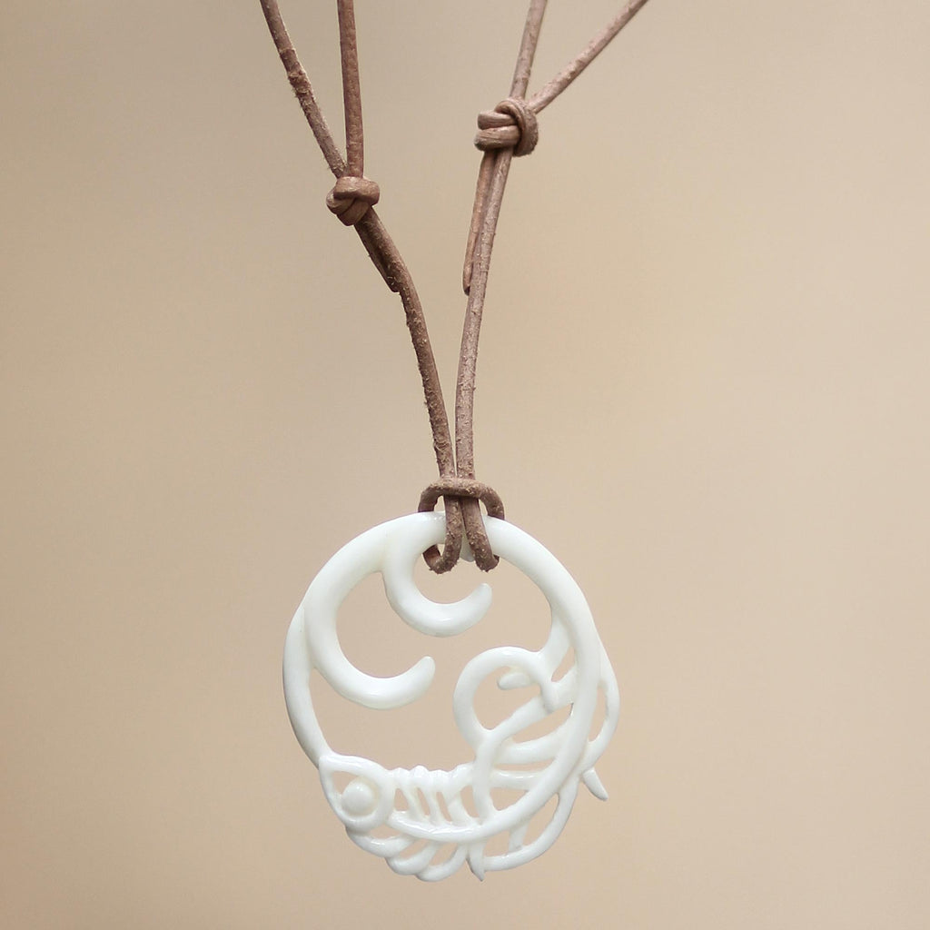Bone pendant necklace - Peacock Feather