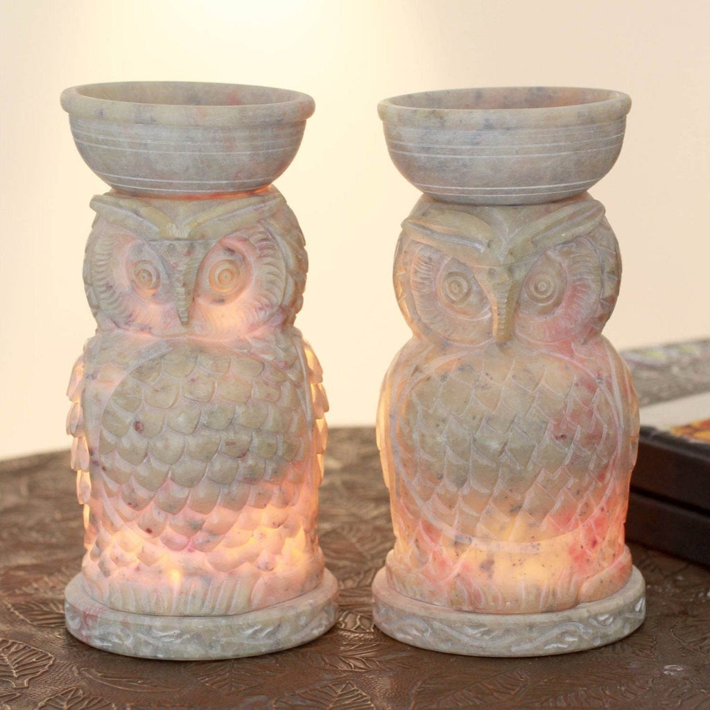 Hand Carved Soapstone Owl Aromatic Oil Warmers (Pair) - Lucky Owls