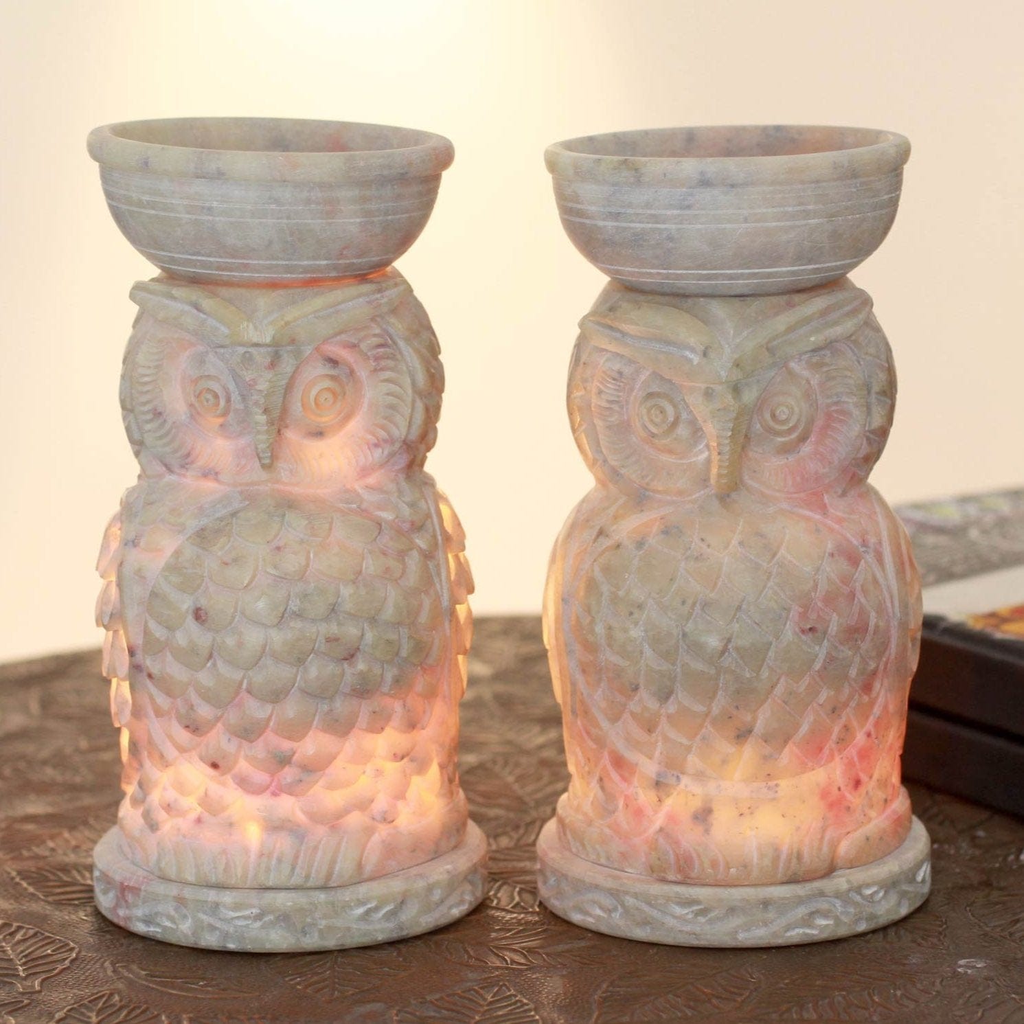 Hand Carved Soapstone Owl Aromatic Oil Warmers (Pair) - Lucky Owls