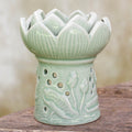Handcrafted Thai Ceramic Oil Warmer Green Floral Tealight - Fragrant Lotus