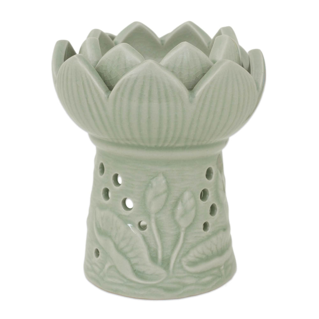 Handcrafted Thai Ceramic Oil Warmer Green Floral Tealight - Fragrant Lotus
