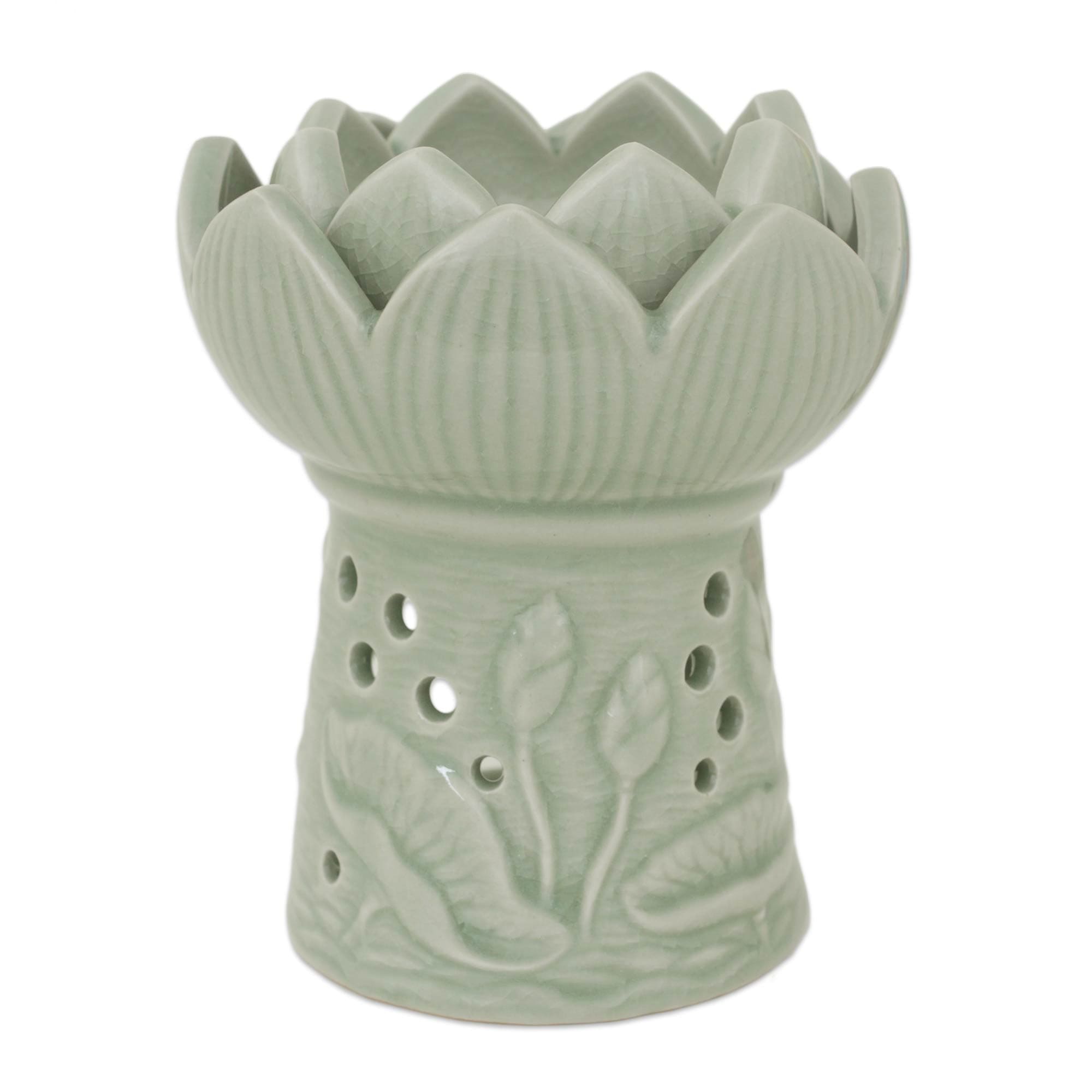 Handcrafted Thai Ceramic Oil Warmer Green Floral Tealight - Fragrant Lotus
