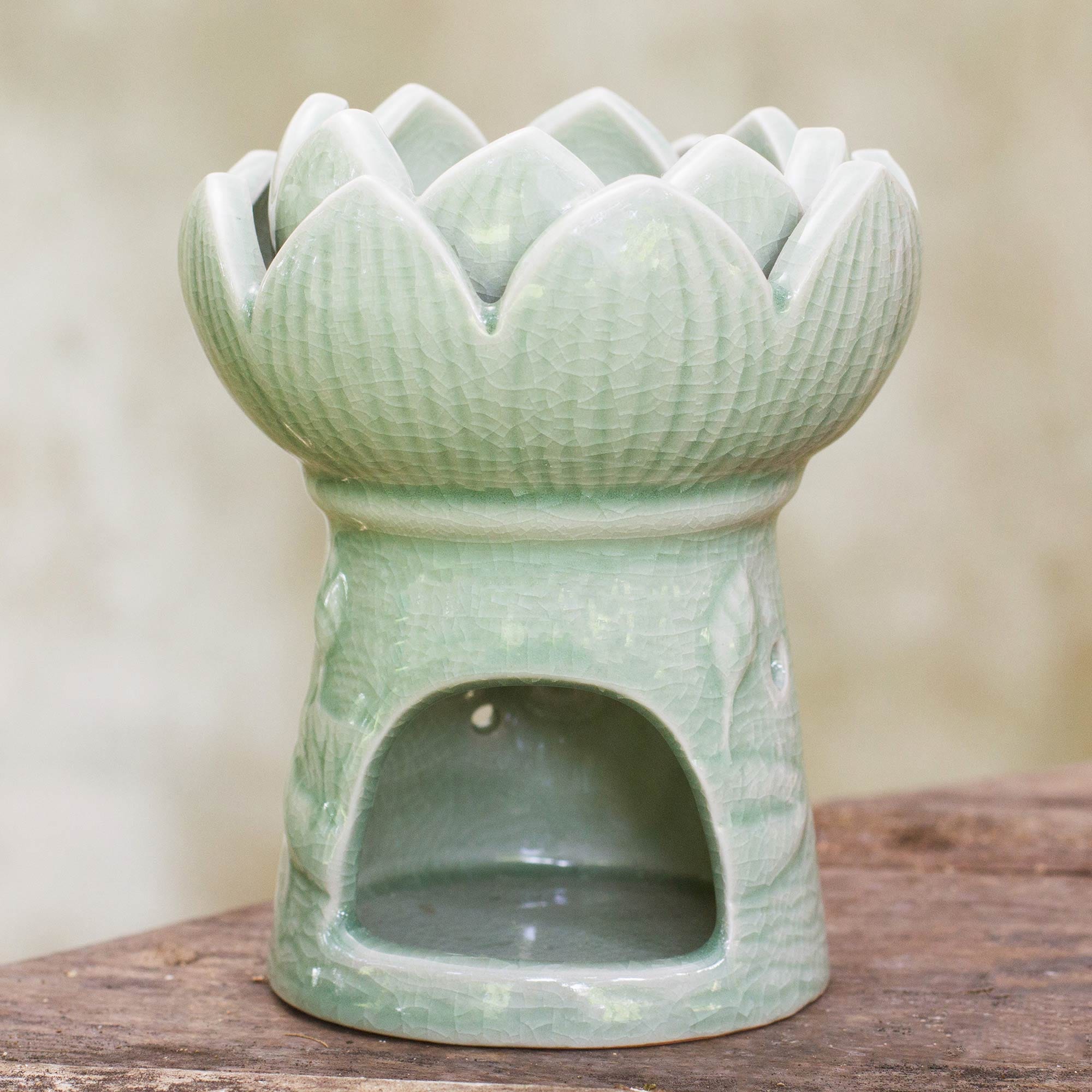 Handcrafted Thai Ceramic Oil Warmer Green Floral Tealight - Fragrant Lotus