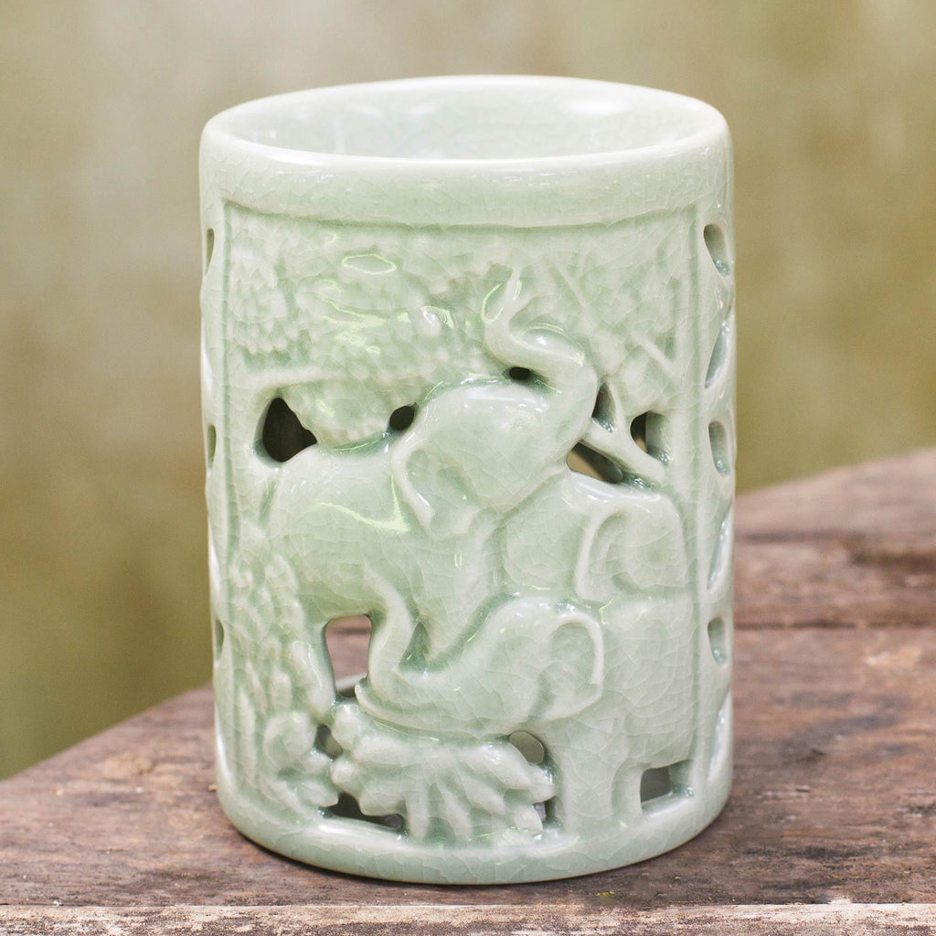 Hand Crafted Ceramic Clay Oil Warmer Thai Green Elephants - Happy Forest