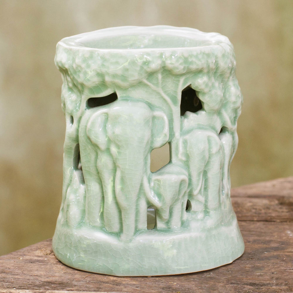 Green Ceramic Clay Oil Warmer Handcrafted Thailand Elephants - Lush Thai Forest