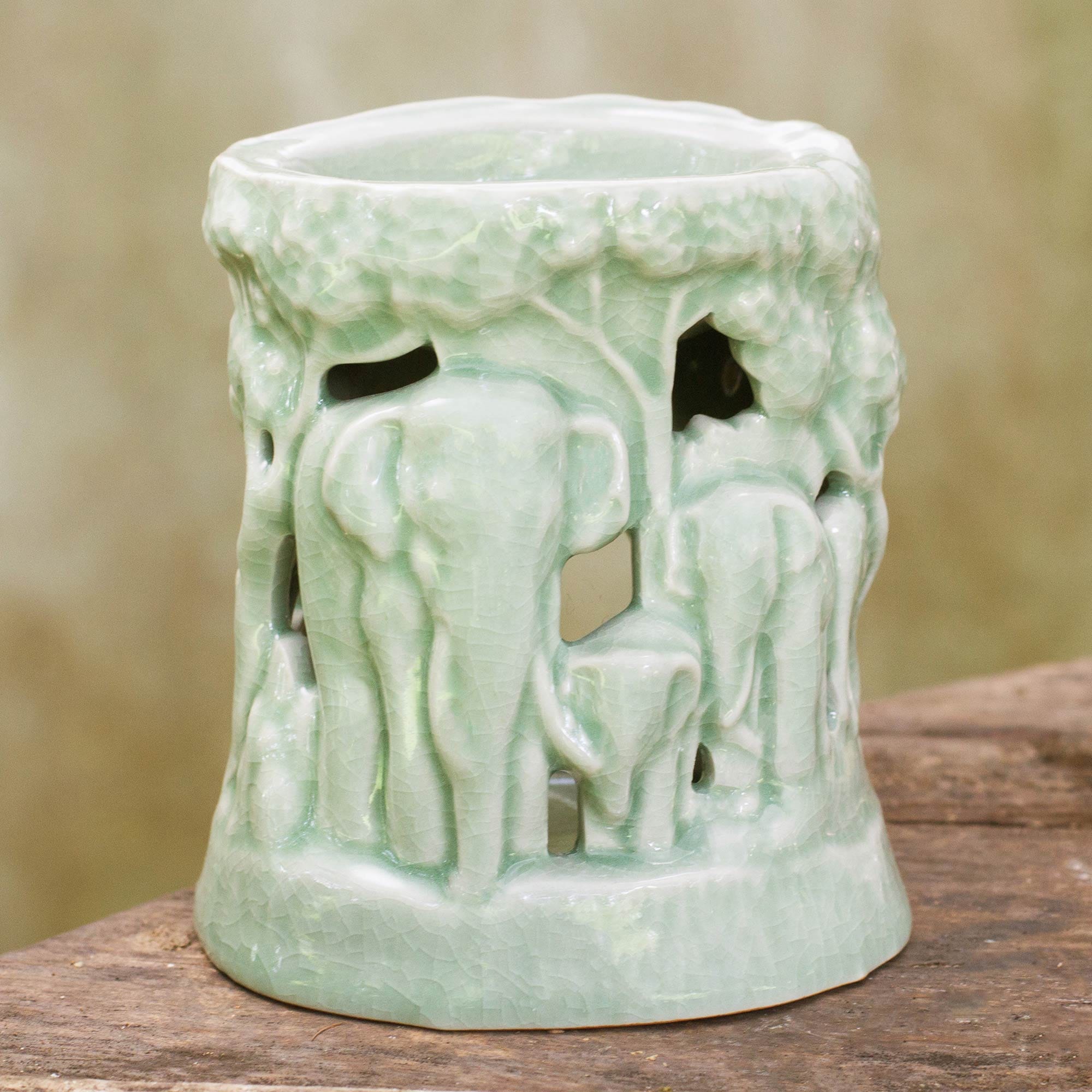 Green Ceramic Clay Oil Warmer Handcrafted Thailand Elephants - Lush Thai Forest