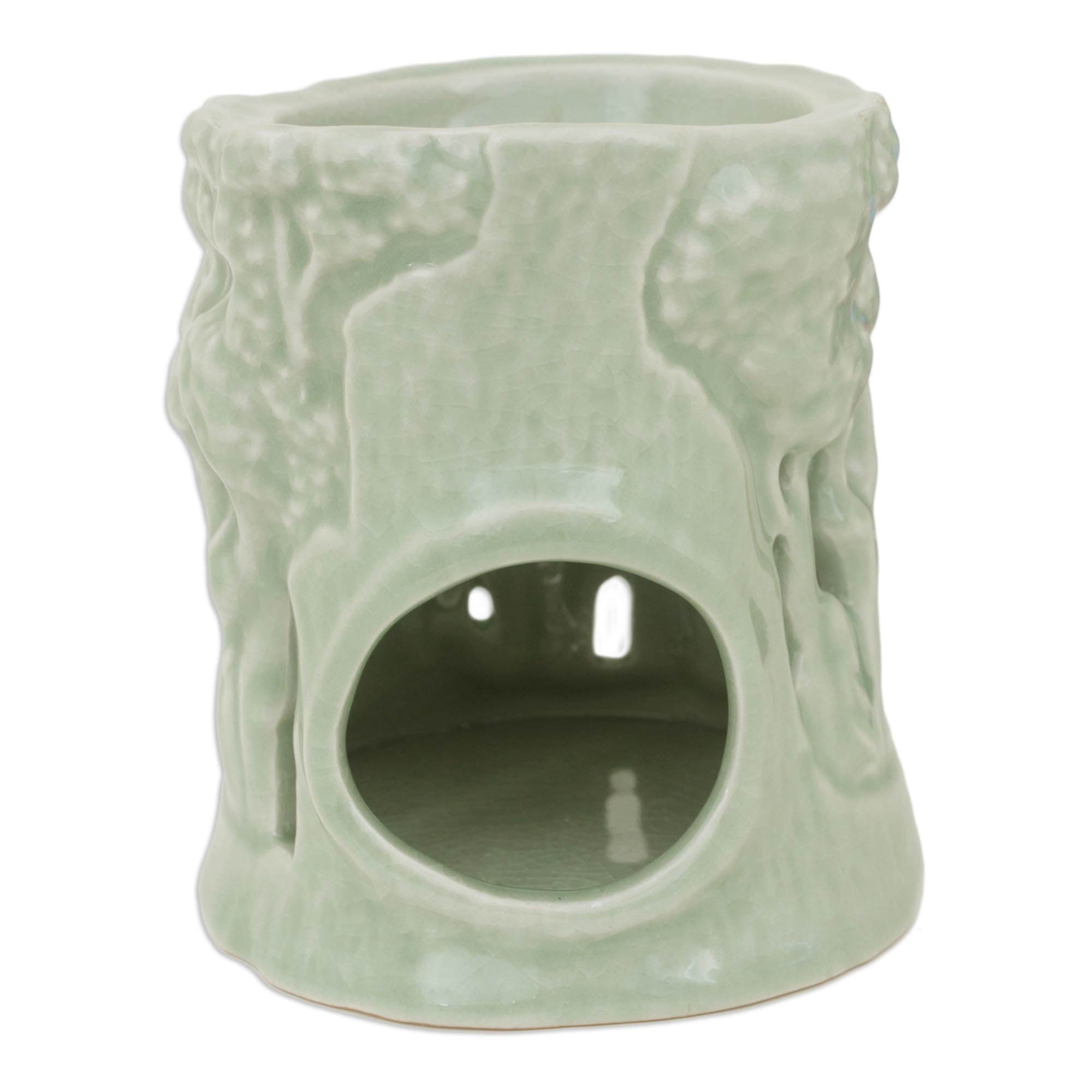 Green Ceramic Clay Oil Warmer Handcrafted Thailand Elephants - Lush Thai Forest