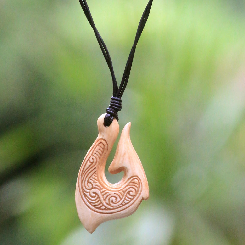 Hand Made Cow Bone Pendant Necklace from Indonesia - Traditional Fishing Hook