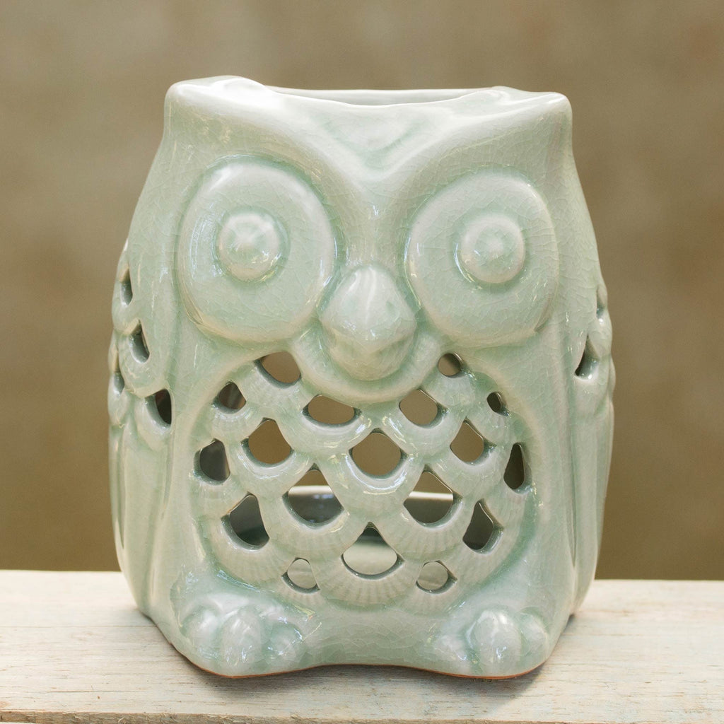 Artisan Crafted Ceramic Owl Oil Warmer from Thailand - Cozy Owl in Green