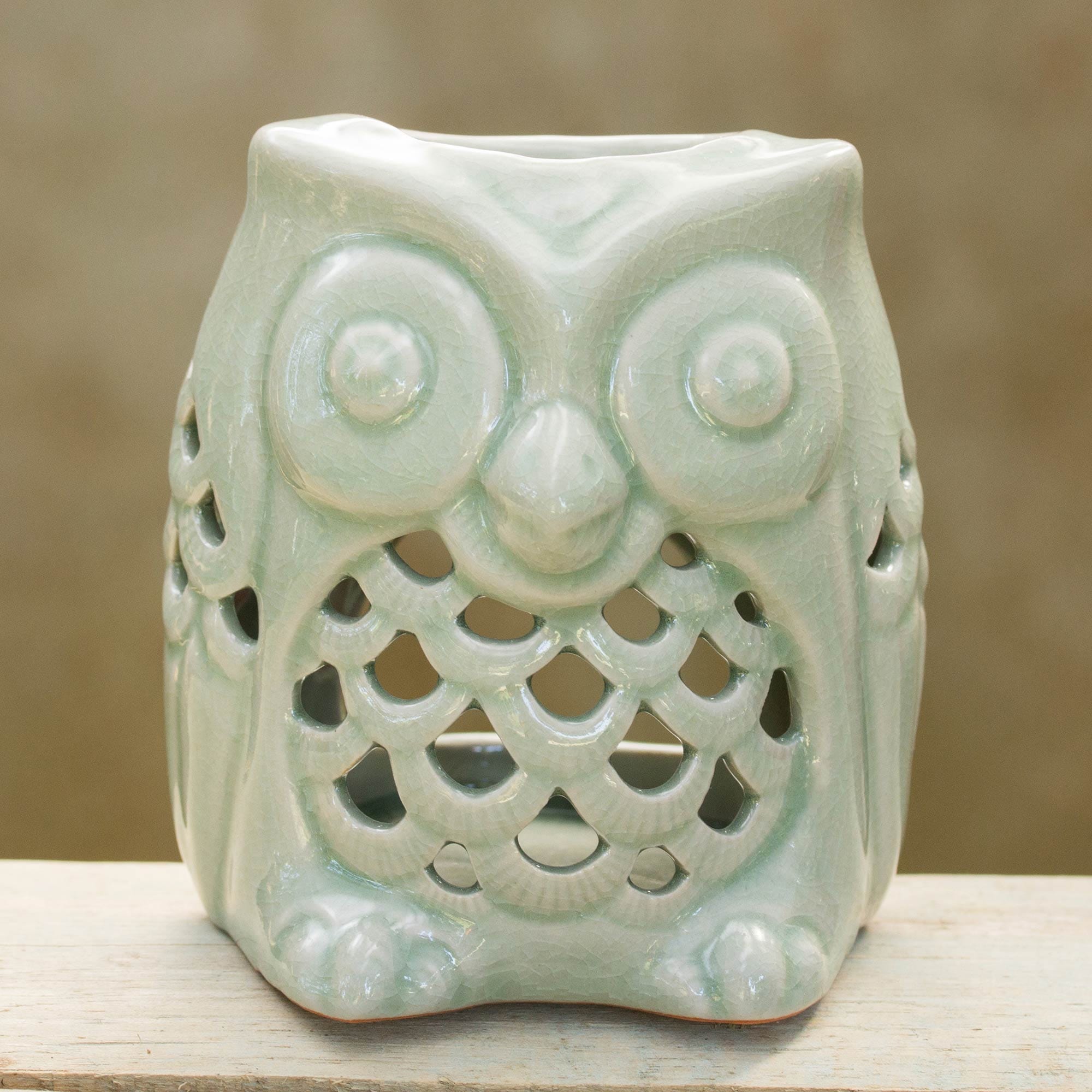 Artisan Crafted Ceramic Owl Oil Warmer from Thailand - Cozy Owl in Green