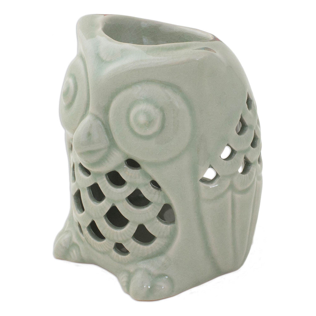 Artisan Crafted Ceramic Owl Oil Warmer from Thailand - Cozy Owl in Green