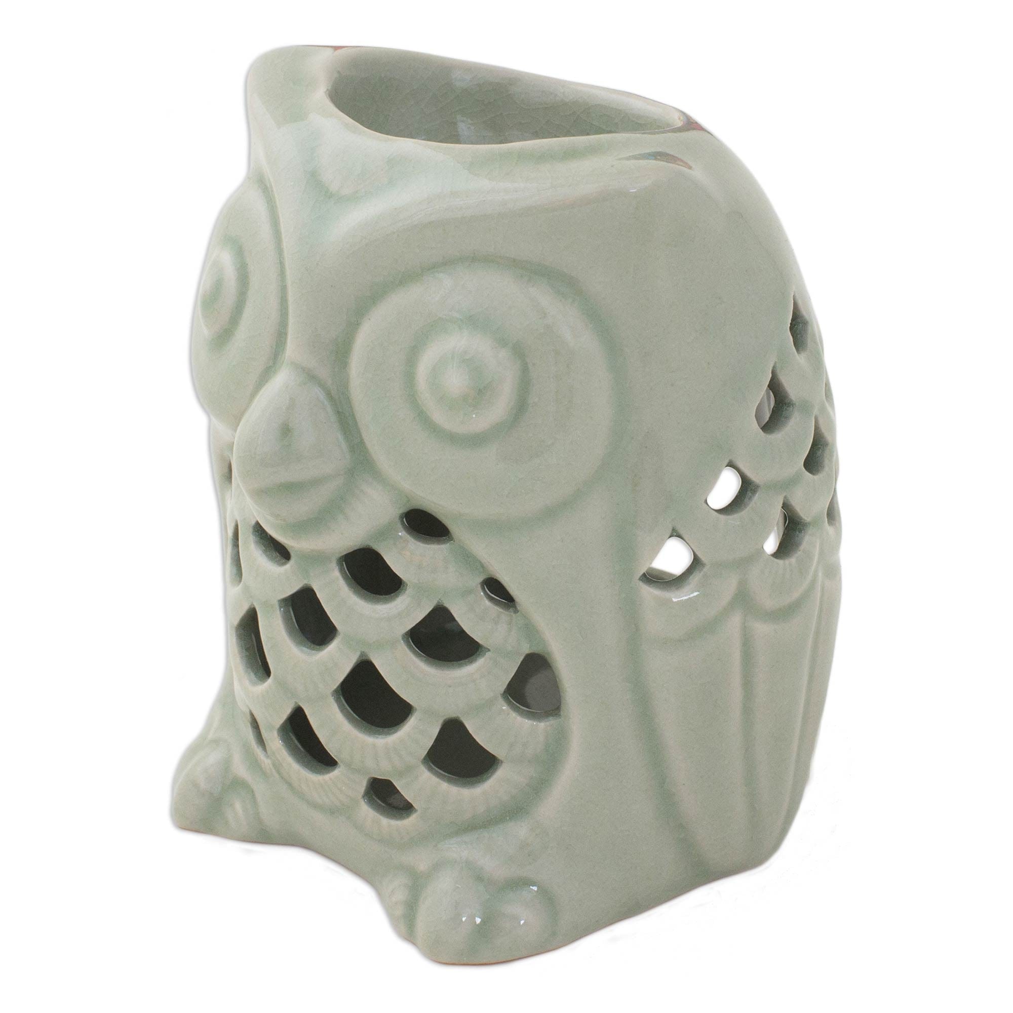 Artisan Crafted Ceramic Owl Oil Warmer from Thailand - Cozy Owl in Green