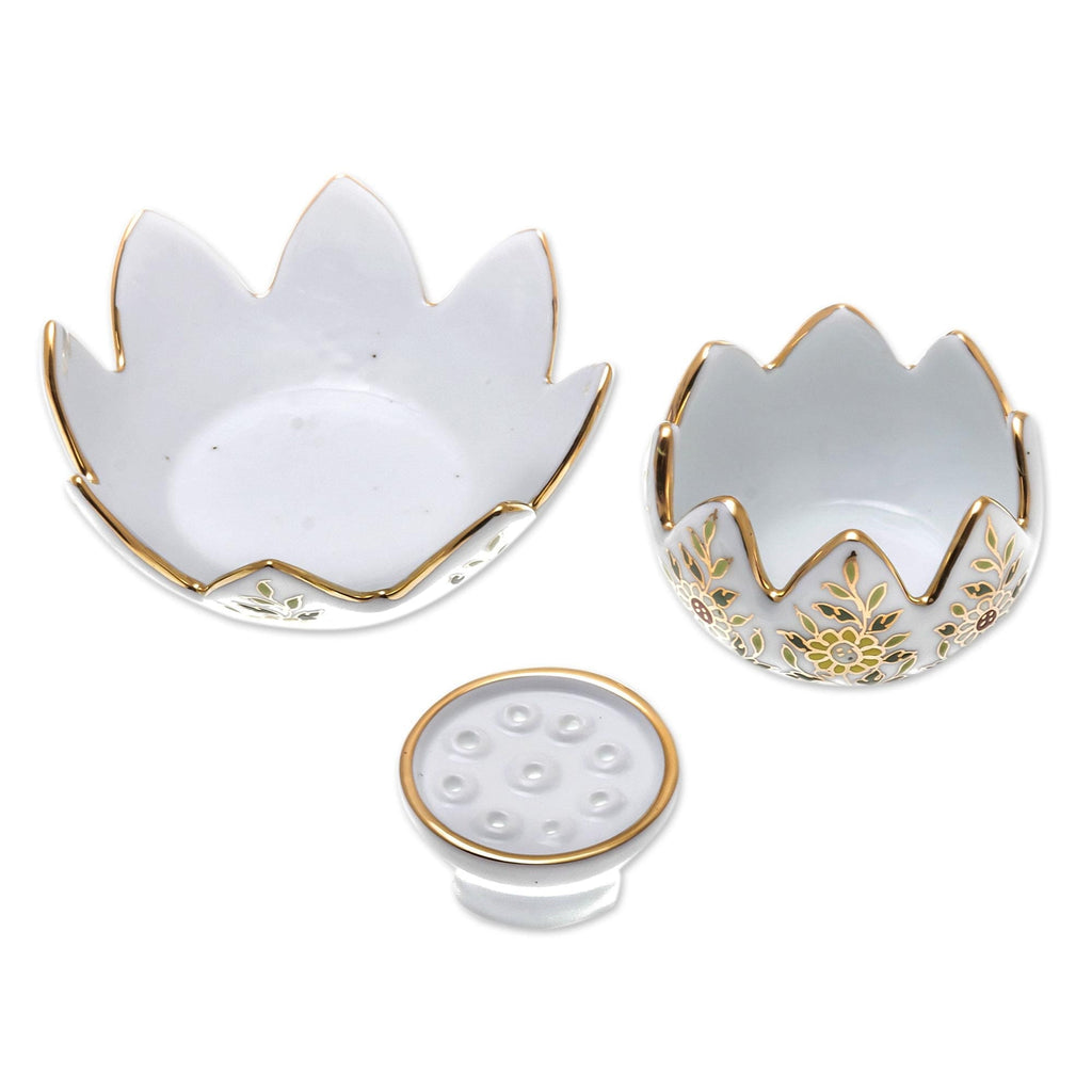 Benjarong Porcelain Incense and Candle Holder (3 Piece) - Lotus Scent