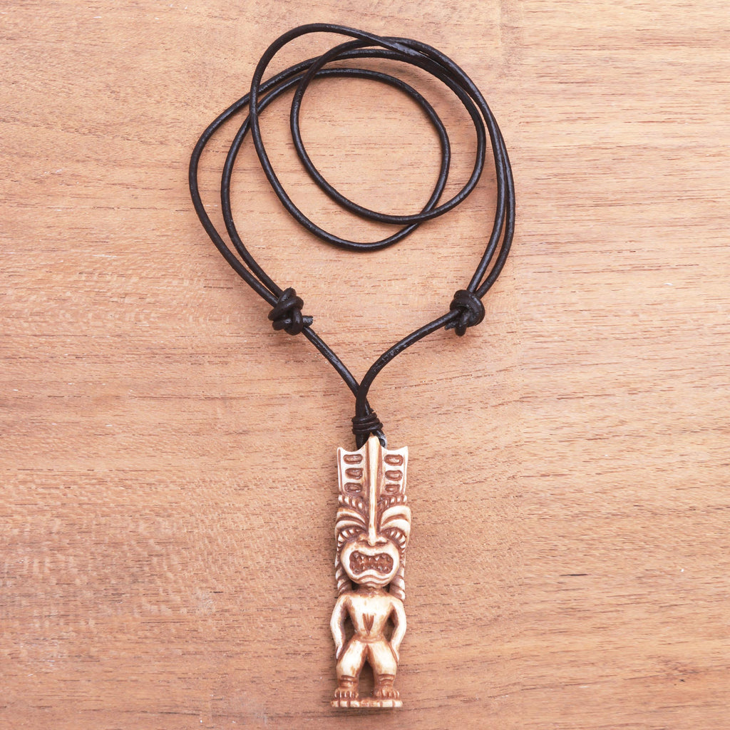 Hand-Carved Polynesian Bone Pendant Necklace from Bali - Polynesian Figure
