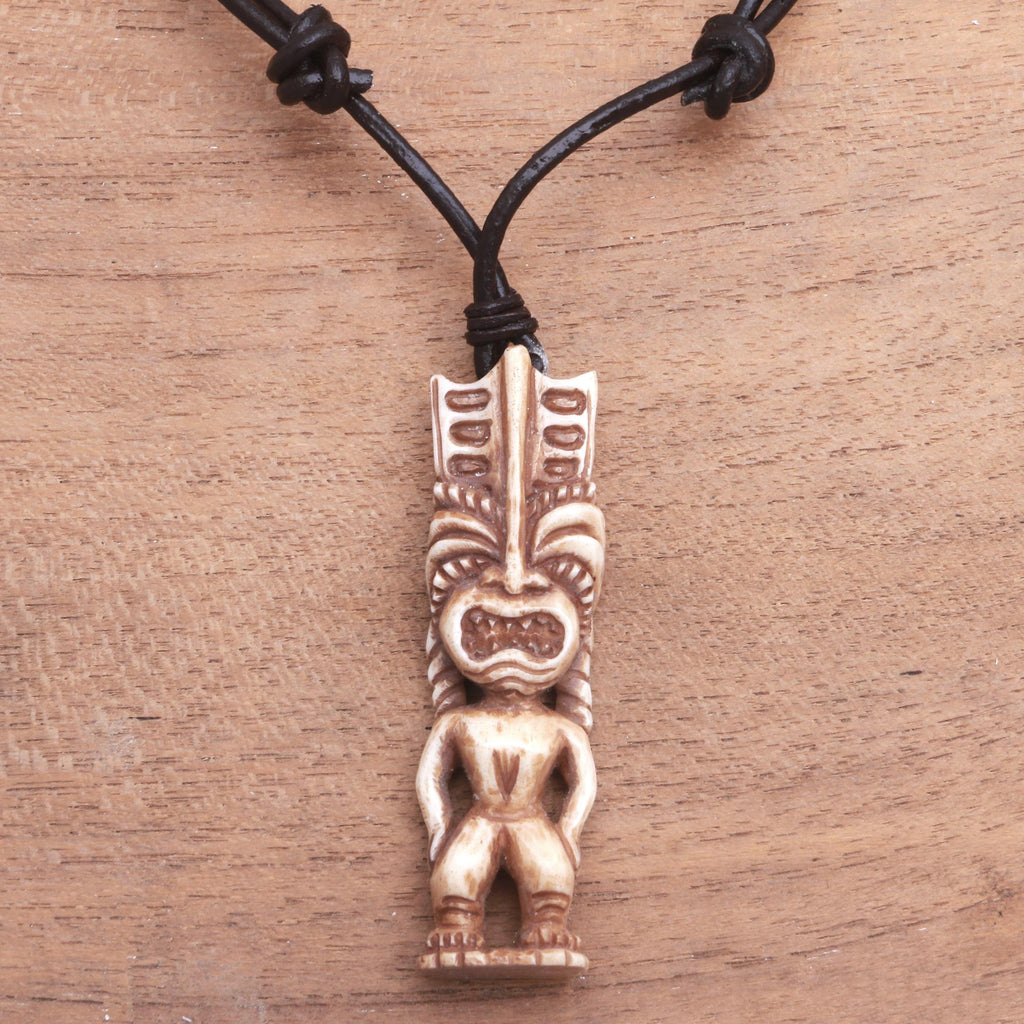 Hand-Carved Polynesian Bone Pendant Necklace from Bali - Polynesian Figure