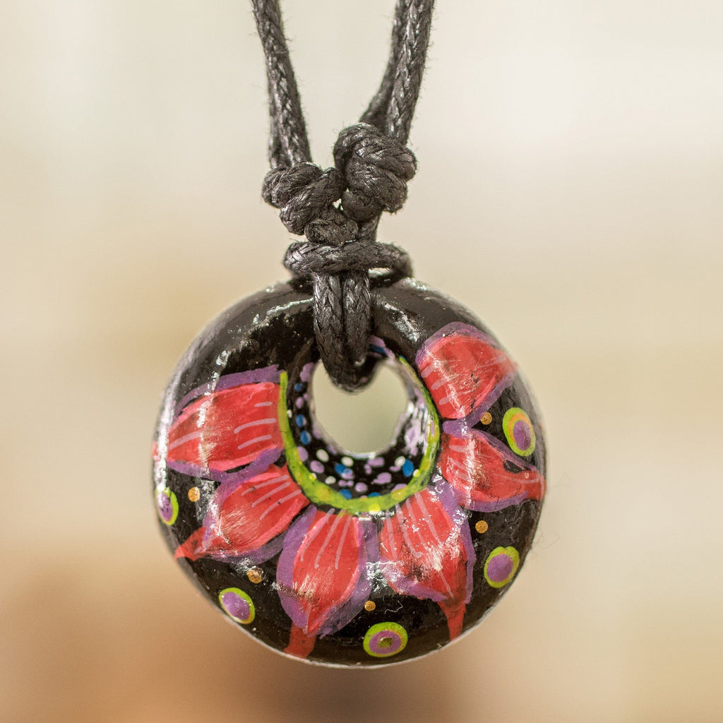 Floral Adjustable Painted Ceramic Pendant Necklace in Red - Night's Red Grace