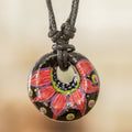 Floral Adjustable Painted Ceramic Pendant Necklace in Red - Night's Red Grace