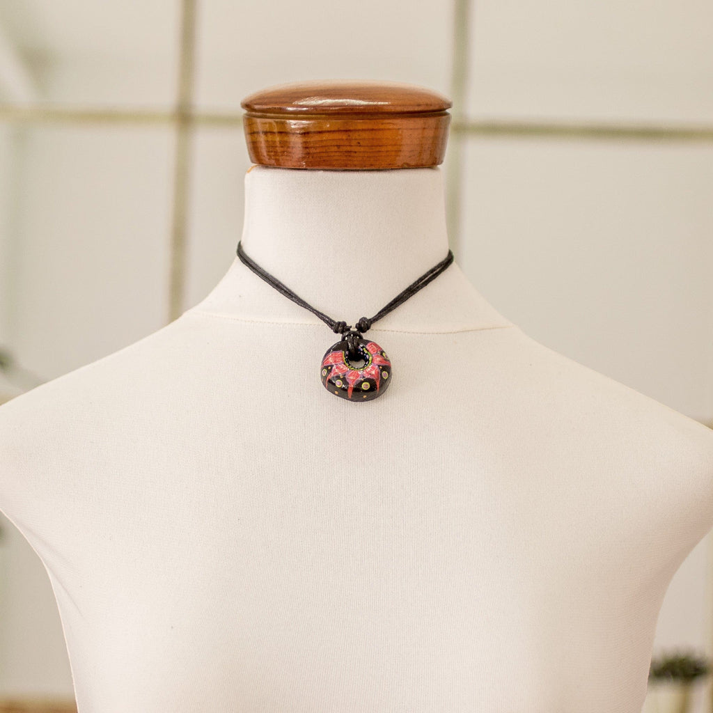Floral Adjustable Painted Ceramic Pendant Necklace in Red - Night's Red Grace