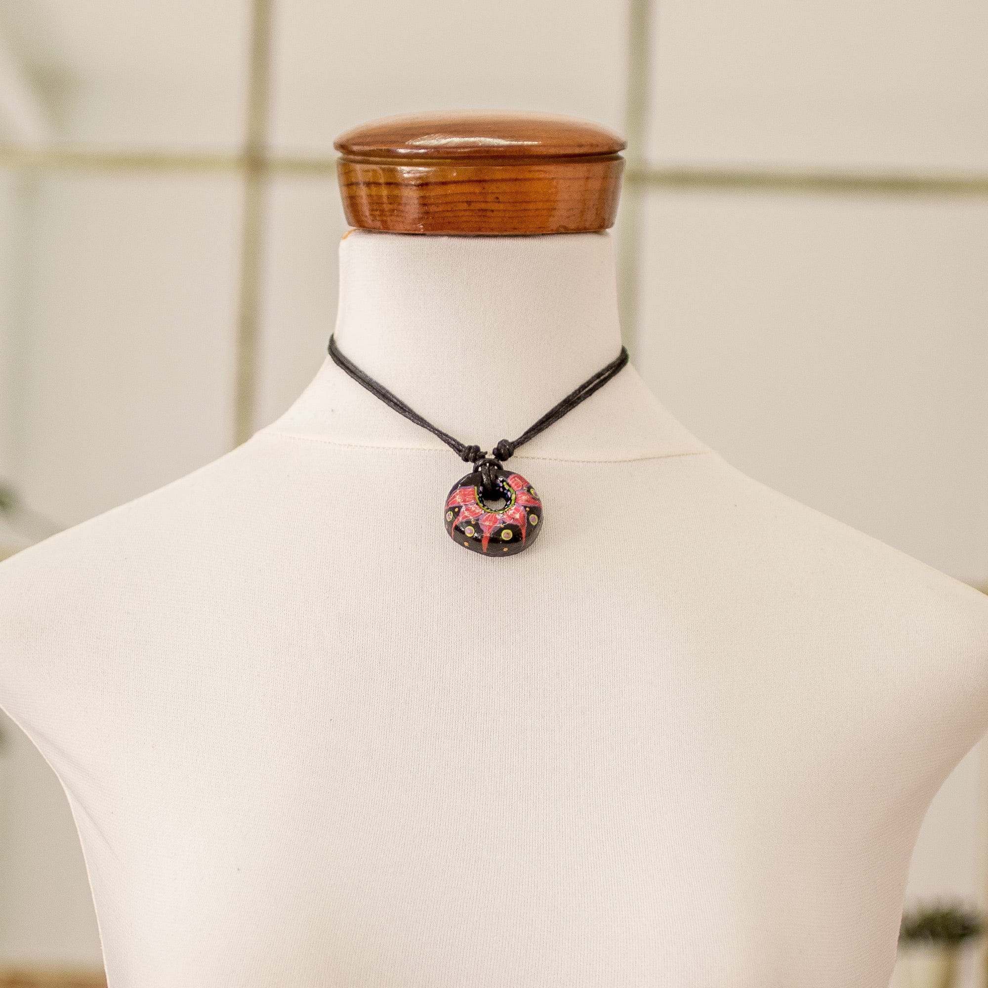 Floral Adjustable Painted Ceramic Pendant Necklace in Red - Night's Red Grace