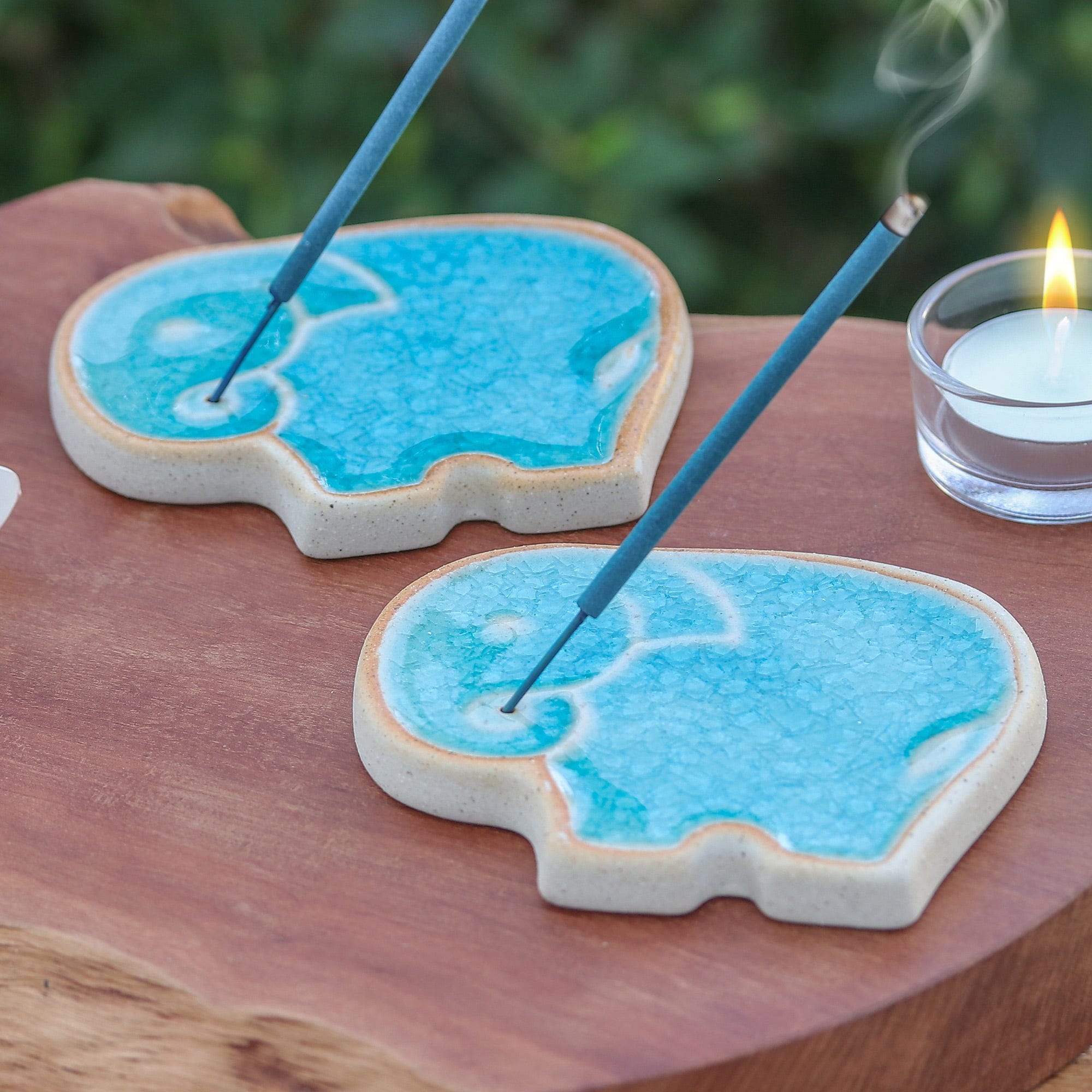 Handcrafted Elephant-Shaped Blue Incense Holders (Pair) - Blue Elephant