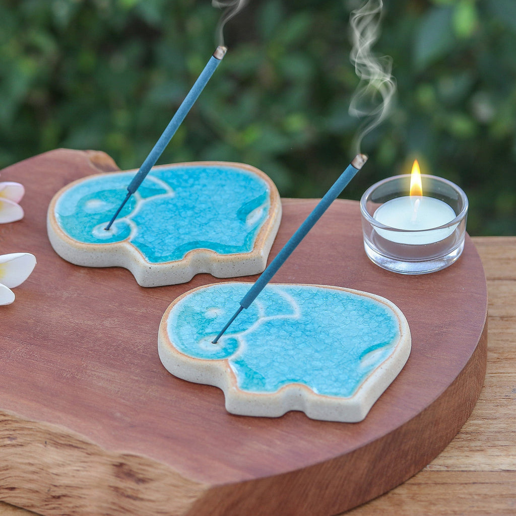 Handcrafted Elephant-Shaped Blue Incense Holders (Pair) - Blue Elephant